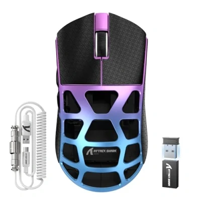 Immagine di ATTACK SHARK R3PRO 46g SUPERLIGHT Gaming Mouse in Lega di Magnesio, Wireless 8000Hz Tasso Polling, 26000DPI, G502 da Gioco, 2.4G/BT/Cablato, PixArt PAW3395, con Cavo a Spirale, PC/Mac, Viola