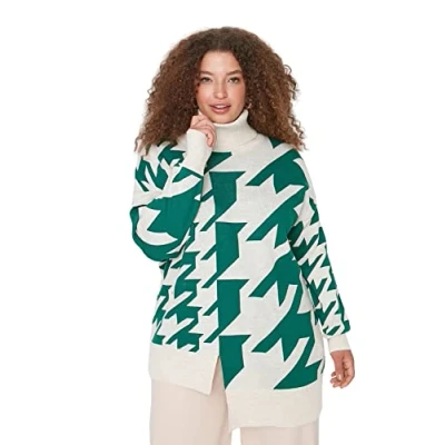 Immagine di Trendyol Dolcevita Modello Pied de Poule Oversize Plus Size Maglione Maglia di Tuta, Verde, 4XL Donna