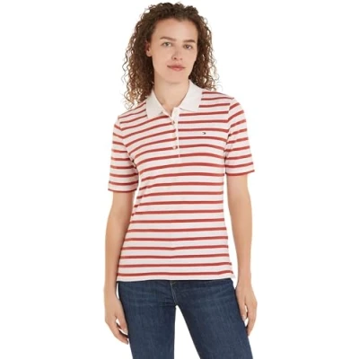 Immagine di Tommy Hilfiger Donna Maglietta Polo Maniche Corte Stripe Slim Fit, Multicolore (Breton STP/Ecru/Terra Red), XXL