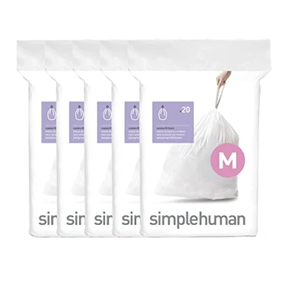 Immagine di Simplehuman Liners Code M Sacchetti per spazzatura con cordino, 45 litri, colore: bianco, 100 pezzi