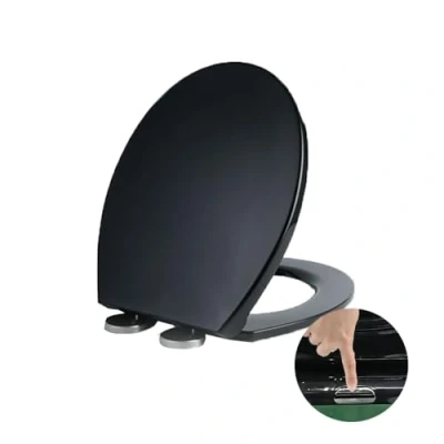 Immagine di sedile per WC con chiusura rallentata, sgancio rapido una facile pulizia, standard a forma di O, semplice fissaggio superiore, universale, nero