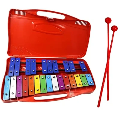 Immagine di Metallofono Xilofono Glockenspiel Cromatico Soprano a 25 note in Astuccio Rosso con Tasti Colorato Due Fruste Plastica 2 Ottave G5 G7