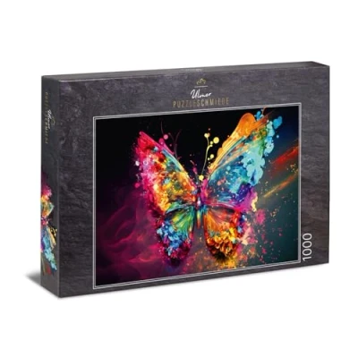 Immagine di Ulmer Puzzleschmiede Effetto farfalla, 1000 pezzi, puzzle a forma di farfalla colorata come esplosione colore su sfondo antracite, qualità puzzle, made in Germany