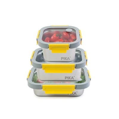 Immagine di PIKA Set di 3 contenitori per alimenti in acciaio inox e coperchio vetro temperato Ermetico leggero Compatibile con microonde, forno, congelatore MetalShock (600, 800, 820ml)