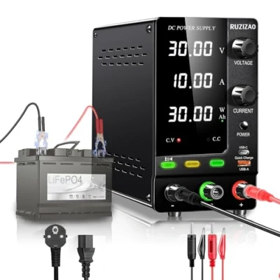 Immagine di RUZIZAO Alimentatore da Labotorio Stabilizzato Banco 30V 10A, DC Regolabile Display LED a 4 Cifre, con Porta di Ricarica 5V/2A USB, Pulsante OUTPUT, Manopola Encoder