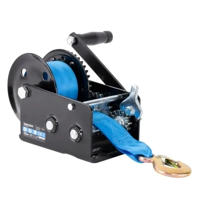 Immagine di Güde Verricello GGHW 900/8 (900 kg max. forza di trazione, lunghezza 8 m, larghezza cinghia 5 cm, gancio carico con apertura a goccia, leva bloccaggio, manovella impugnatura morbida, piastra