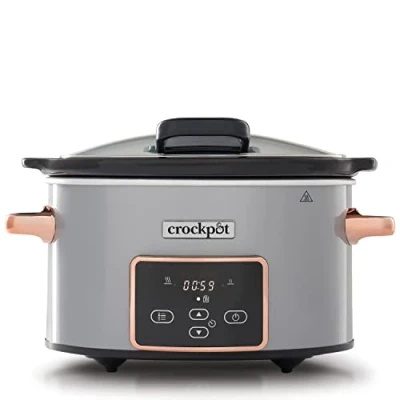 Immagine di Crock pot Pentola per Cottura Lenta, Slow Cooker, 3.5l, fino a 4 Persone, Coperchio Cerniera, Timer digitale Countdown, 2 Impostazioni e Funzione Warm automatica, 200W, Ceramica, Argento