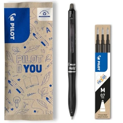 Immagine di PILOT set di 1 FriXion Ball 07 Plus + 3 Ricariche Penna Roller Cancellabile Retrattile e Ricaricabile Realizzata in Plastica Riciclata Nero Punta Media