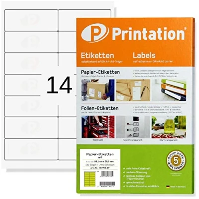 Immagine di Printation etichette adesive 99,1 x 38,1 mm 14 per foglio, 350 su 25 fogli A4 2x7 Labels 99,1x38,1 mm, bianco, adesivo permanente, stampanti laser L7163 4678