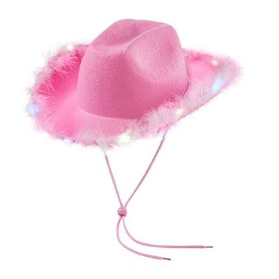 Immagine di Qianderer Cappelli da cowboy donna, soffici, con tesa in piuma, luci a LED, per addio al nubilato, feste costume, giochi e travestimenti (rosa)