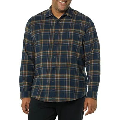 Immagine di Amazon Essentials Camicia in Flanella a Maniche Lunghe (Disponibile Taglie Extra Forti) Uomo, Marrone Blu Marino Scuro Motivo Scozzese, XS