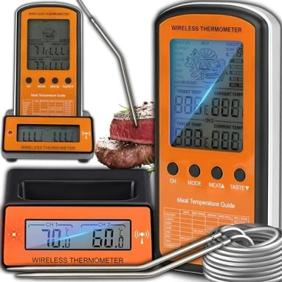 Immagine di Retoo termometro per barbecue senza fili, digitale arrosti, da cucina, 2 sonde esterne, barbecue, cottura e retroilluminazione, gamma di temperature 50/+300 C