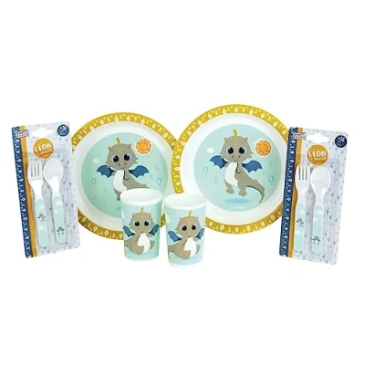 Immagine di LEON LE DRAGON set di posate per bambini, con 2 bicchieri da 220 ml, H.13,5 cm e piatti Ø 22