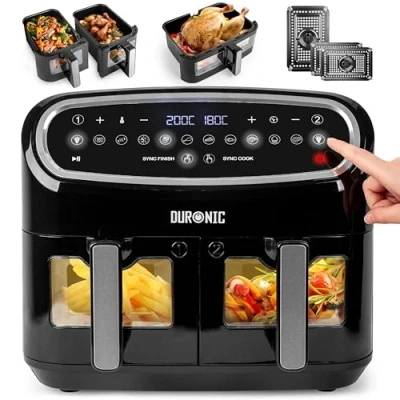 Immagine di Duronic AF34 BK Friggitrice ad Aria XXL Air Fryer 2400W Compatta Doppio Cestello 5L e Grande 10L 10 Programmi Finestra di Controllo Cottura sincronizzata no olio