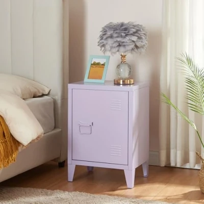 Immagine di [en.casa] Comodino in Acciaio con Scomparto Chiuso Anta Tavolino Laterale da Divano Mobiletto Notturno Letto Basso Ingresso 57 x 40 30 cm Viola