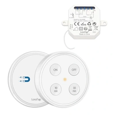 Immagine di Interruttore Luce Senza Fili, LoraTap Telecomando con Timer 10min/30min Wireless On/Off Switch Funziona in Parallelo Originale, Modulo Relè 10A per Lampada