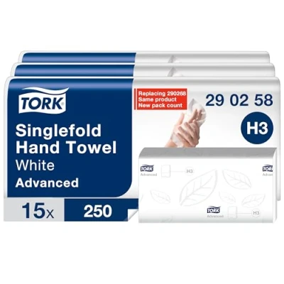 Immagine di Tork Singlefold Hand Towels, H3, Salviette di carta piegate universali per dispenser economiche, 1 strato, bianche 15 x 250 fogli, 290258