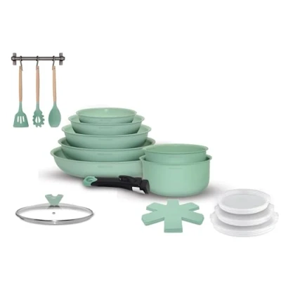 Immagine di Arthur Martin, AMV18, set di pentole in alluminio da 18 pezzi con rivestimento grip, coperchi vetro e utensili legno, compatibile tutte le fonti calore, misura 20 22 26 cm, Verde