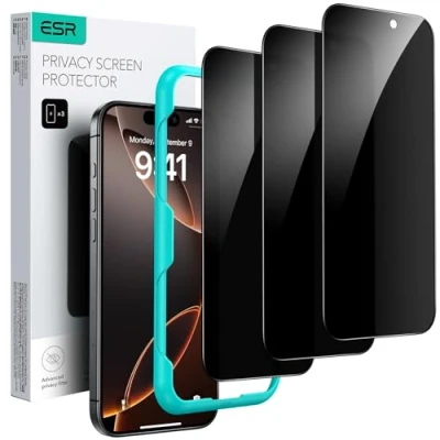 Immagine di ESR Pellicola Privacy per iPhone 16 Pro Max, Vetro temperato anti spia, Facile strumento di installazione, Bordi micro curvi, Compatibile con le custodie, 3 Pezzi