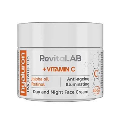 Immagine di RevitaLAB Hyaluron Anti Aging Day and Night Cream, Enriched with Vitamins A, B3, B5, E, C, Jojoba Oil, UV Filters for Ages 40 55, 50 ml