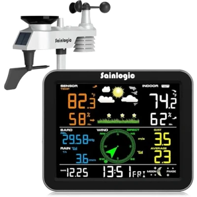 Immagine di Sainlogic Weather Station Wireless Indoor Outdoor with Rain Gauge and Wind Speed/Direction, Temperature, Humidity, Air Pressure, Forecast, Moon Phase, Alarm