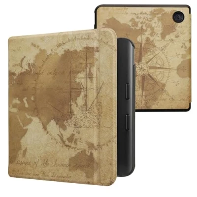Immagine di kwmobile Custodia eReader Compatibile con Kobo Libra Colour Cover eBook Reader Flip Case marrone/marrone chiaro Mappamondo vintage