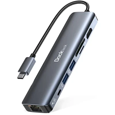 Immagine di Adattatore USB C Hub Dockteck 7 in 1 Dock DD0003 C, Ethernet LAN RJ45, 4K 60Hz HDMI, 100W Power Delivery, 2 porte 3.0 e SD/microSD per MacBook M1, iPad Pro, Surface Pro altro ancora