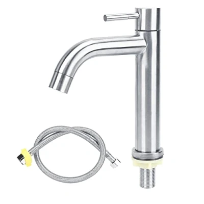 Immagine di Rubinetto da Bagno, Lavabo in Acciaio Inox Singolo Acqua Fredda Appoggio Monocomando con Tubo Flessibile per Lavanderia
