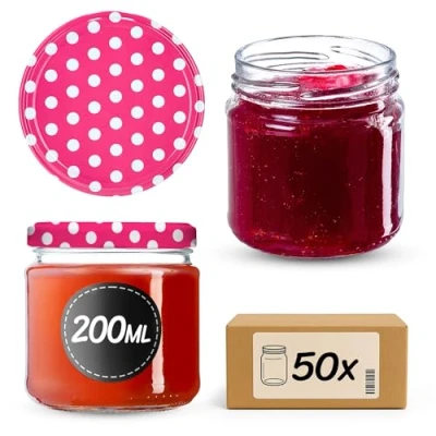 Immagine di KADAX Barattoli Ermetici di Vetro da 200 ml, Vassetti Piccoli con Coperchio a Vite per Conserve Frutta, Marmellate e Miele (Set 50, Pois Rosa)
