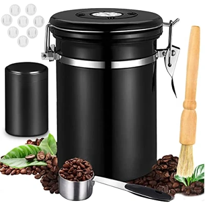 Immagine di JOYBOY 1.8L Barattolo Caffè Ermetico,Contenitore per con valvola CO2+Spazzola la pulizia in legno+misurino e cucchiaio di silicone(Nero)