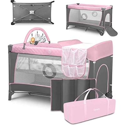 Immagine di Lionelo Flower 2 in 1 Lettino da Viaggio Box Bambini dalla Nascita Pieghevole Fino a 15 kg con fasciatoio portaoggetti Archetto Giocattoli Pendenti (Rosa)