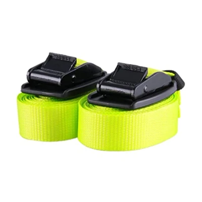 Immagine di Set di 2 cinghie tensione alta qualità con chiusura a morsetto, colore giallo fluo e protezione della fibbia in gomma, lunghezza 4 m, larghezza 25 mm, portata fino 540 kg, DIN EN 12195