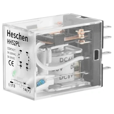 Immagine di Heschen HH52P L Relè di potenza per uso gererale, 6 V CC, bobina 5 A, 240 VCA/28 VDC, DPDT 8 pin, indicatore LED