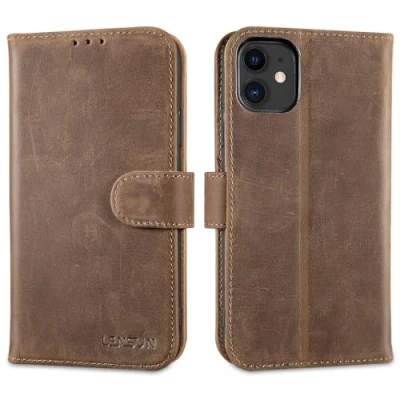 Immagine di Lensun Custodia per iPhone 11, Cover in Vera Pelle [RFID Blocking] Slot Schede Portafoglio Cuoio Chiusura Magnetico Flip Antiurto Telefono 11 Marrone Scuro Retrò