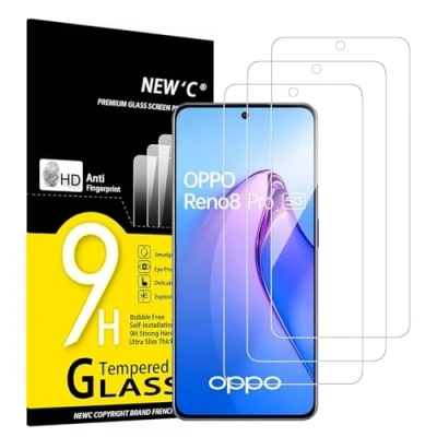 Immagine di NEW&#039;C 3 Pezzi, Vetro Temperato per OPPO Reno 8 Pro 5G, Pellicola Prottetiva Anti Graffio, Impronte, Senza Bolle, Durezza 9H, 0,33mm Ultra Trasparente, Resistente