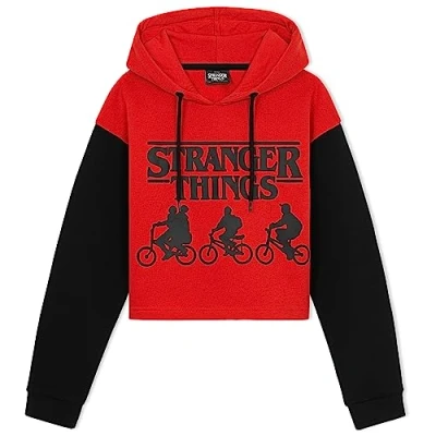 Immagine di Stranger Things Felpa Bambina con Cappuccio 9 16 Anni Corta per Ragazze in Cotone Official Merchandise Idee Regalo Ragazza (Rosso/Nero, 13 14 Anni)