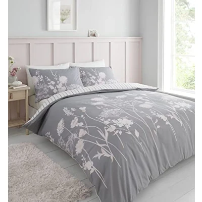 Immagine di Catherine Lansfield Meadowsweet Set copripiumino matrimoniale reversibile con federe, motivo floreale, colore: grigio e rosa