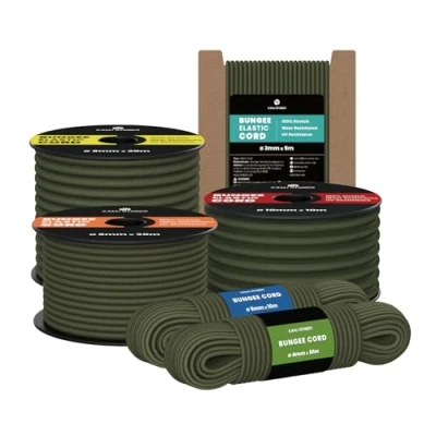 Immagine di Kamu Synber Corda Elastica 10mm x 10m Cordino Elastico Gomma per Teloni, Camion, Barca, Bagagli, Piscina Verde Militare