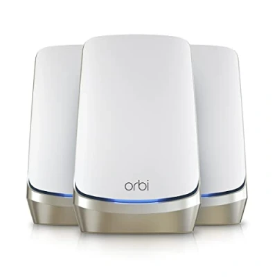 Immagine di NETGEAR Orbi Mesh WiFi 6E Quad Band RBKE963 Router con 2 Satelliti, Copertura Fino a 800 m², 200 Dispositivi, Velocità 10.8 Gbps, Bianco
