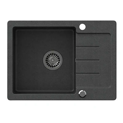 Immagine di VBChome Lavello singolo da incasso, 60 x 44 cm, in granito composito puntiforme, reversibile, con sifone, Nero