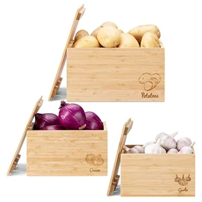 Immagine di Navaris Contenitori Porta Patate Cipolle Aglio Set 3 Cassette Legno Frutta Verdura Scatole Coperchio Cucina Contenitore Ventilato