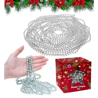 Immagine di Bead Garland Ghirlanda per albero di Natale, con perline a forma fiocco neve, in bianco e oro rosa Catena argento da 8 m.