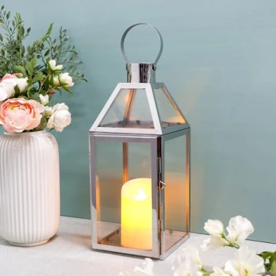 Immagine di JHY Design Lanterne decorative in acciaio INOX, altezza 40,6 cm, con vetro temperato, per interni ed esterni, feste e matrimon