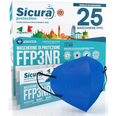 Immagine di 25 Mascherine FFP3 Certificate CE BLU COBALTO elastici Neri Made in Italy logo SICURA impresso PFE ≥99% BFE Mascherina SANIFICATA sigillata singolarmente
