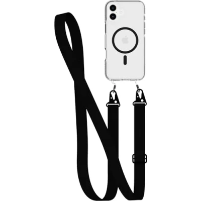 Immagine di tech21 EvoCrystal custodia a tracolla per iPhone 16 Plus, compatibile con MagSafe, protettiva antiurto testata secondo gli standard militari 15x, cordino tracolla, colore: nero