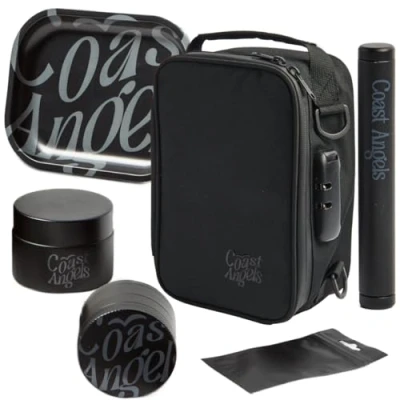 Immagine di Borsa a prova di odore con serratura combinazione, set completo rollare sacchetto odore, macinino, vassoio per e tubo, scatola portatile esterni, festival, feste