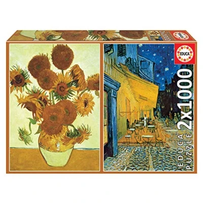 Immagine di Educa 2 Puzzle da 1000 pezzi ciascuno Los Girasoles + Terraza de Café Por La Noche, V. Van Gogh Arte Dimensioni: 48 x 68 cm. Include colla fix puzzle. Consigliato a partire dai 14 anni (18491)