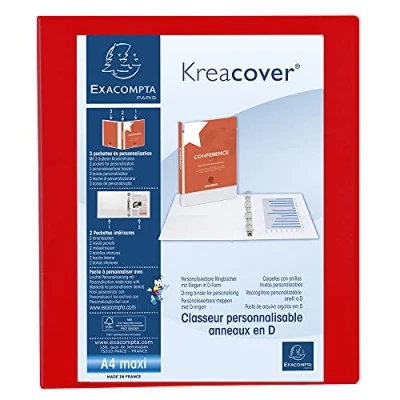 Immagine di Exacompta 51846RE 1 Raccoglitore Personalizzabile Kreacover 4 Anelli a D 25 mm Copertina Foderata PP con Tasca Fronte/Dorso/Retro Dorso 47 F.to Esterno 27.7x32 cm per A4 Maxi Rosso