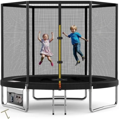Immagine di Devoko Trampolino Elastico per Adulti e Bambini, Tappeto da Giardino Ø 183/228/305/366/427 cm Set Completo con Rete di Sicurezza, Scaletta, Copertura, Scarpe,150 kg(Nero)