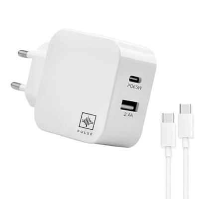 Immagine di PULSE® Caricatore USB C 65W con Tecnologia GaN Ricarica Ultra Veloce 60% in 30 Min Cavo a da 1m Compatto, Ideale per Viaggi Compatibilità Universale iPhone, Mac